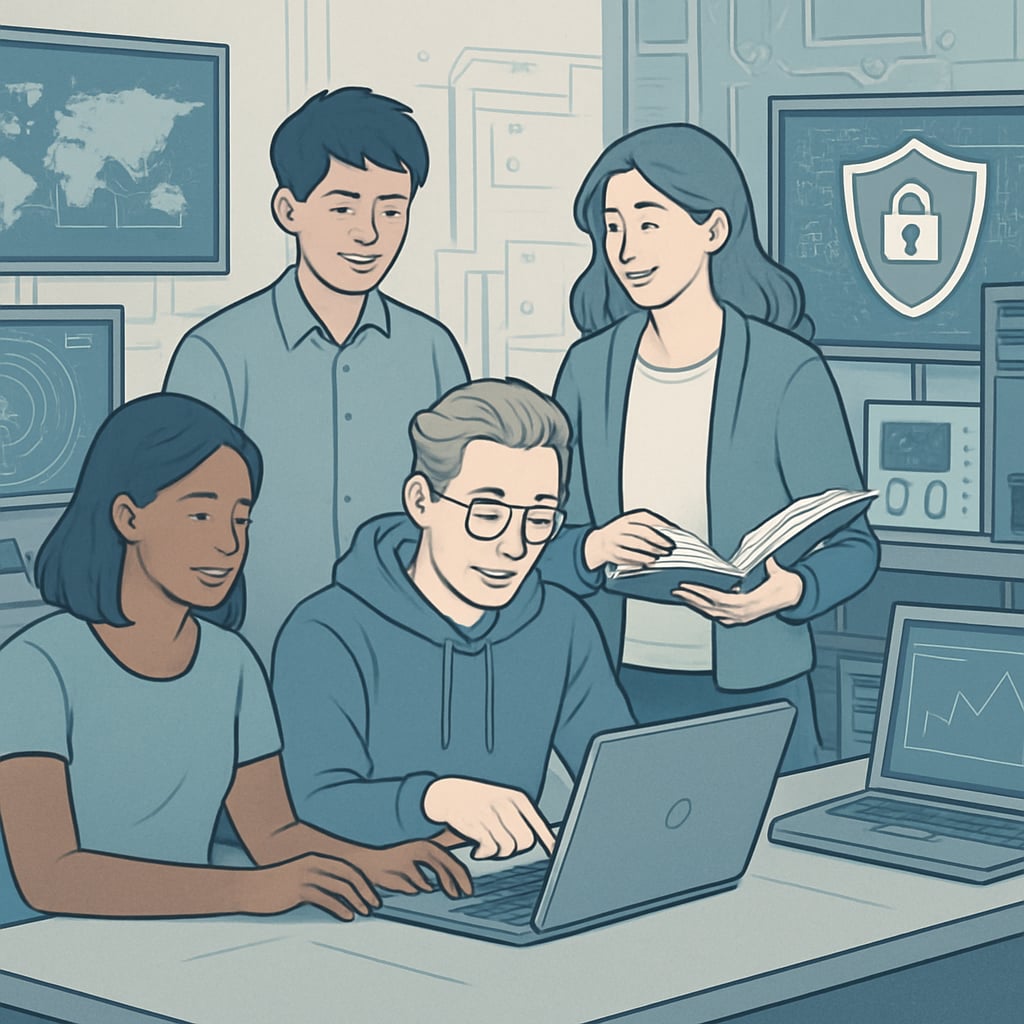 A group of university students working together in a cybersecurity lab, symbolizing the importance of academic reputation in career readiness. University students in a cybersecurity lab, highlighting the role of university reputation in career preparation.