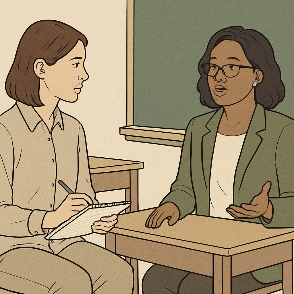 A graduate student holding a notepad in a classroom, attempting to interview a school counselor. This image highlights the process of academic research in school settings. Graduate student interviewing a school counselor