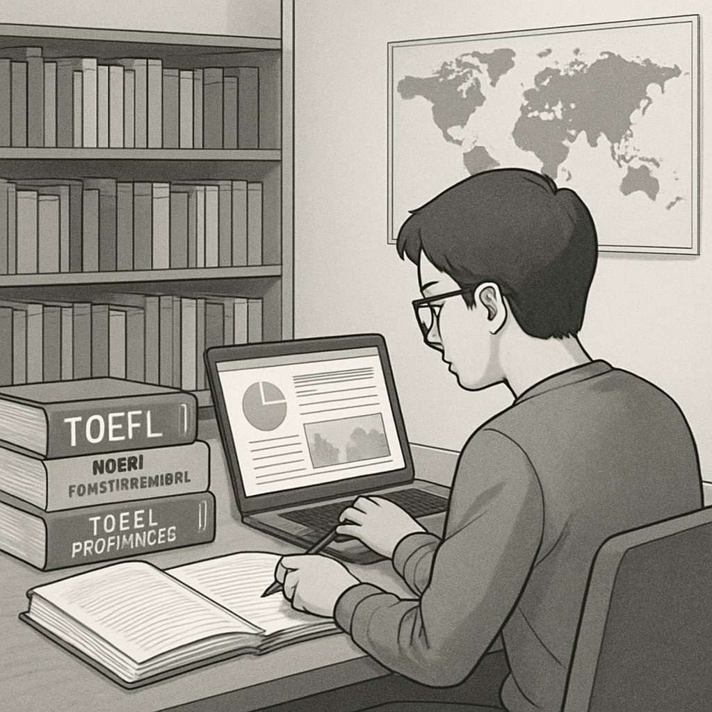 A graduate student studying for TOEFL in preparation for U.S. master’s program applications, showcasing the importance of language proficiency. Graduate student preparing for TOEFL as part of U.S. master’s degree application requirements.