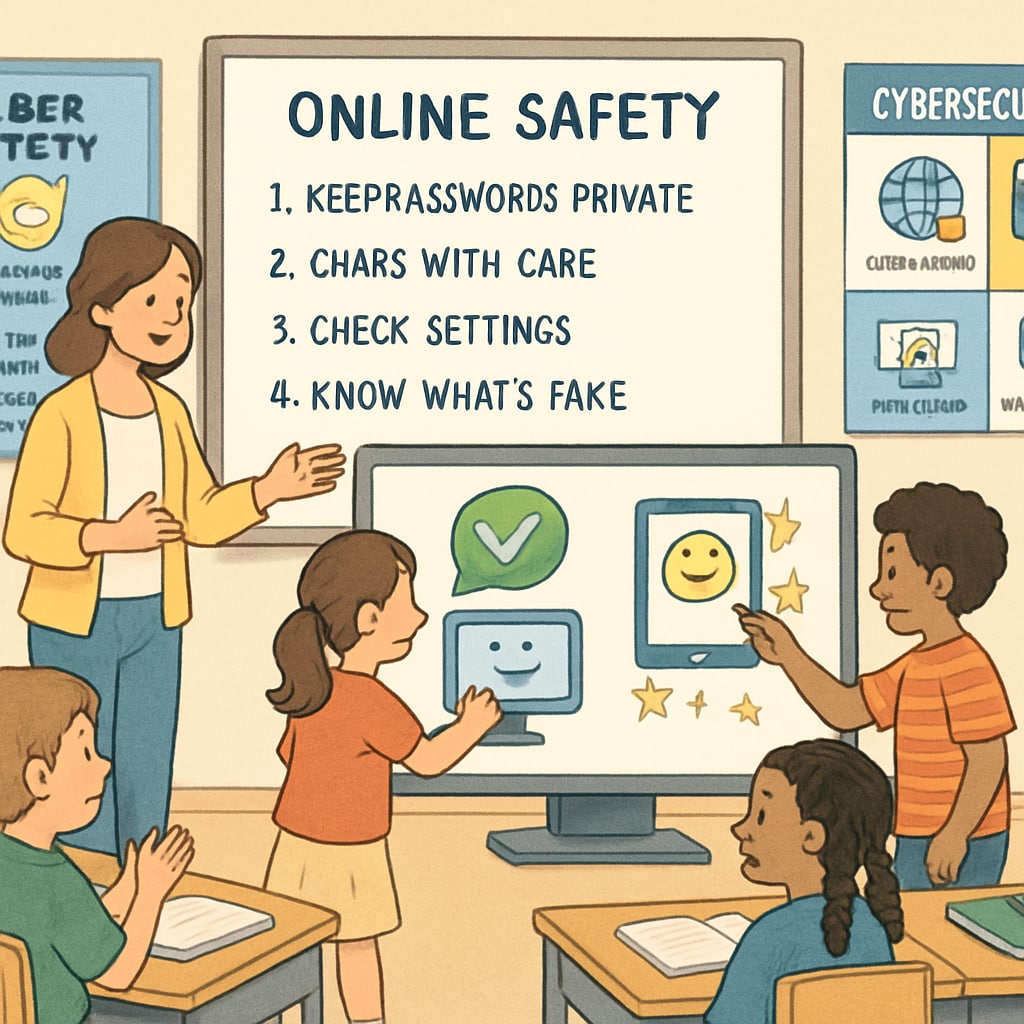 An elementary school classroom where students are learning about online safety through interactive games, emphasizing the role of early education in cybersecurity. Elementary students learning online safety, showcasing the importance of K12 education in cybersecurity.