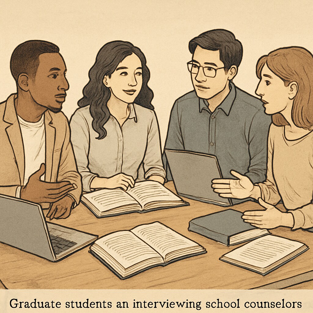 A group of graduate students discussing strategies for interviewing school counselors, with laptops and books on a table. This image represents collaborative efforts among students to address research challenges. Graduate students discussing strategies for school counselor interviews