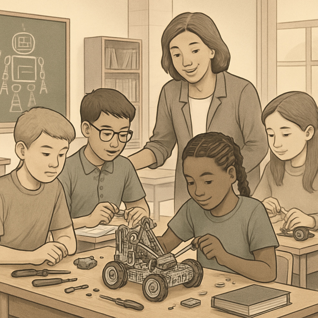 A classroom where students are engaged in a robotics workshop, illustrating the integration of CTE with traditional STEM education. Students in a robotics workshop integrating CTE and traditional academics