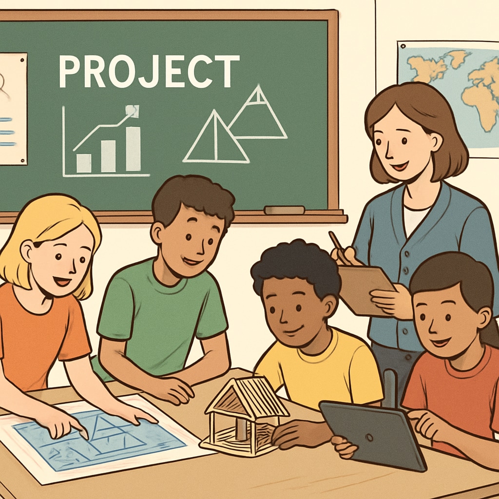 A classroom setting where students are engaged in project-based learning activities, showcasing collaborative efforts and hands-on assessments. Students working on group projects as part of formative assessments.