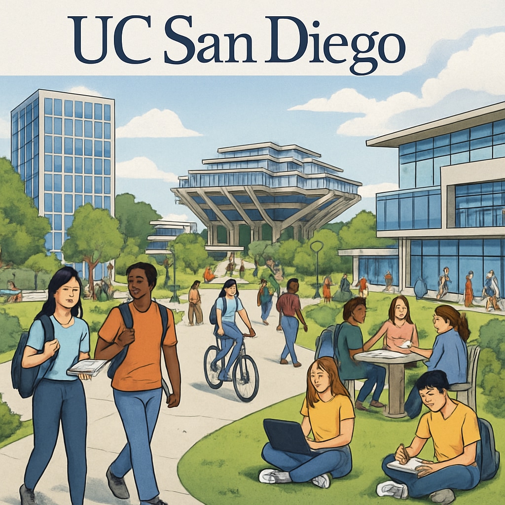 A bustling UC San Diego campus illustrating student life and expansion, showcasing the university's growth. UC San Diego campus with students highlighting enrollment expansion plans