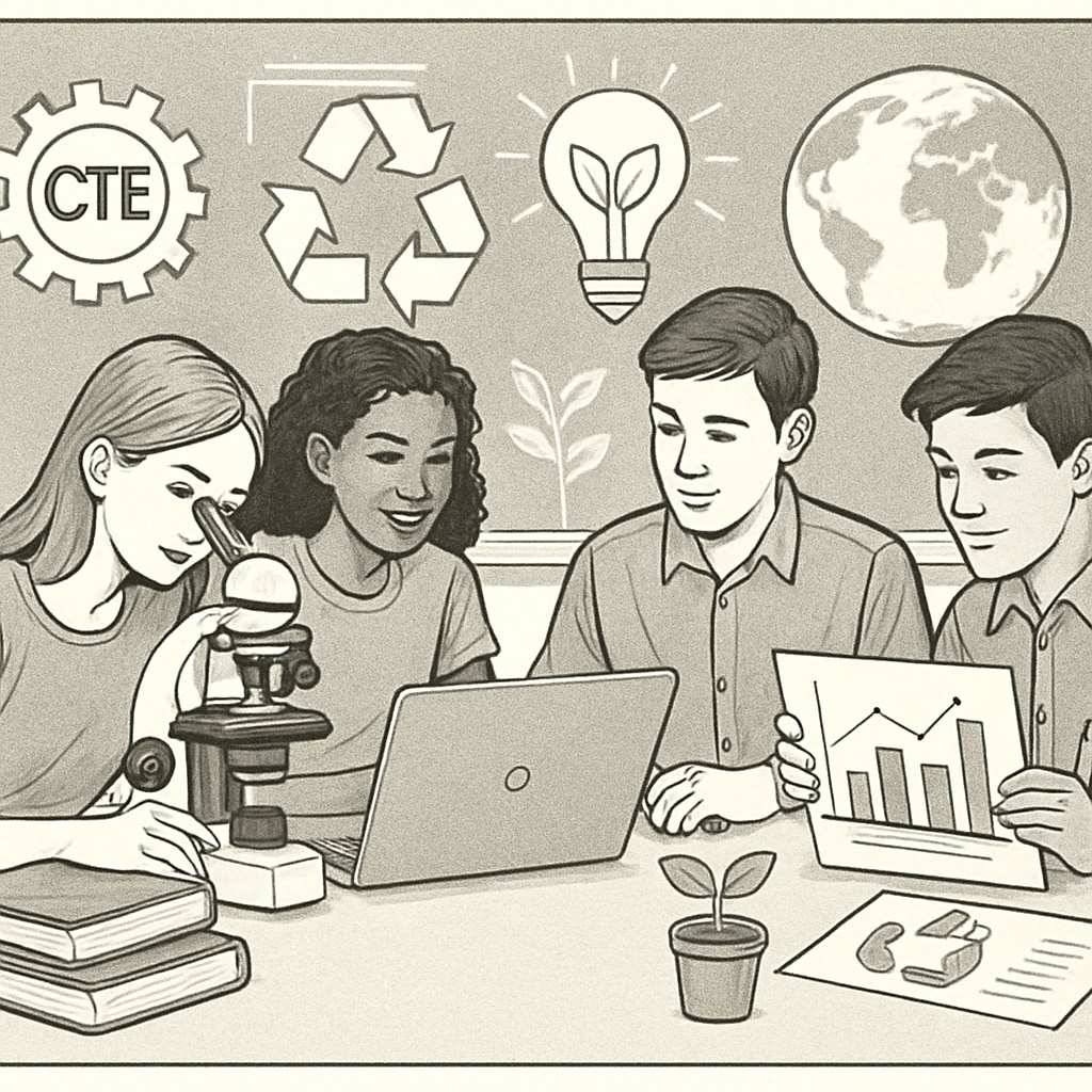 A group of high school students collaborating on a sustainability-focused project, combining elements of science, technology, and CTE. High school students working on a sustainability project integrating CTE