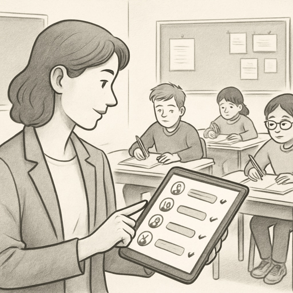 A teacher using a tablet to monitor student progress, showcasing real-time learning tracking. An educator leveraging technology to assess student learning in real time.