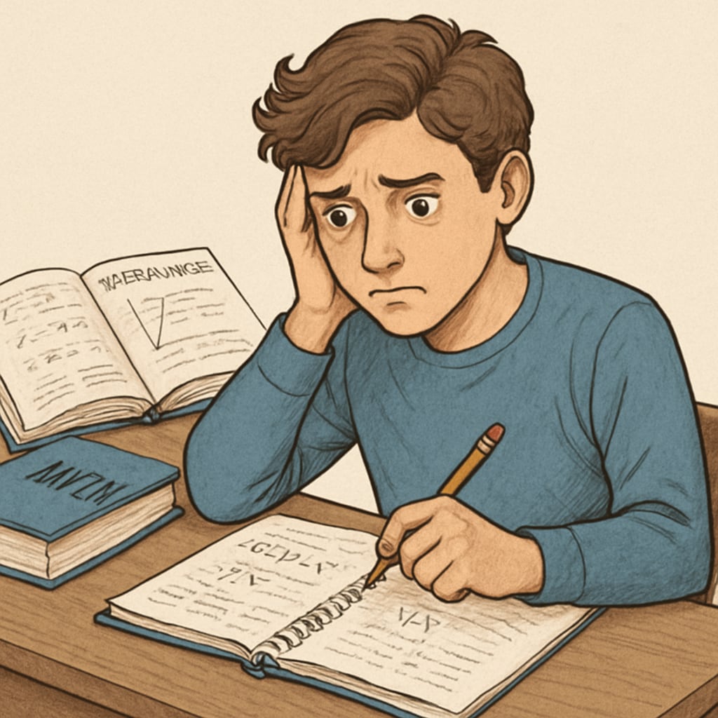A student sitting at a desk looking stressed while preparing for a math exam, symbolizing math anxiety. A stressed student preparing for a math exam, representing math anxiety.