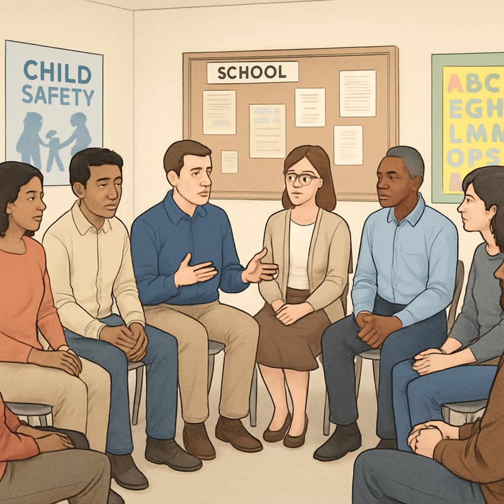 A group of parents and residents discussing child safety concerns during a community meeting focused on school governance. Concerned parents during a community meeting about school governance and child safety.