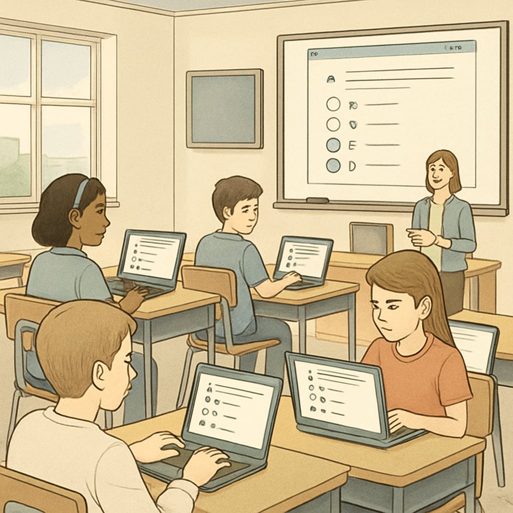 A classroom setting with students using laptops to complete online assessments, highlighting technology-based test resources. Students using laptops for online tests to showcase high-quality test tools.