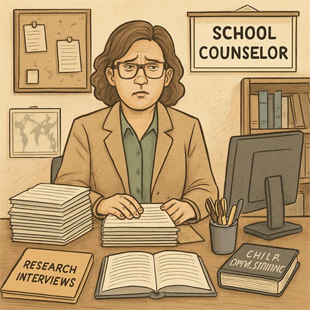 A busy school counselor working at their desk, symbolizing the challenges of accessibility for research interviews. A school counselor at their desk, highlighting accessibility challenges in research.