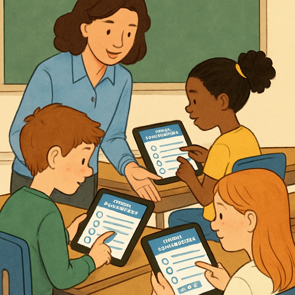 A teacher guiding students through a digital assessment platform on tablets, emphasizing interactive learning. Teacher assisting students with digital assessment tools for interactive learning.