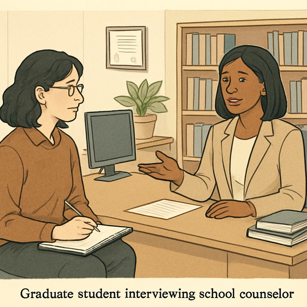 A graduate student conducting an interview with a school counselor in a professional setting. Graduate student interviewing a school counselor for a research project.