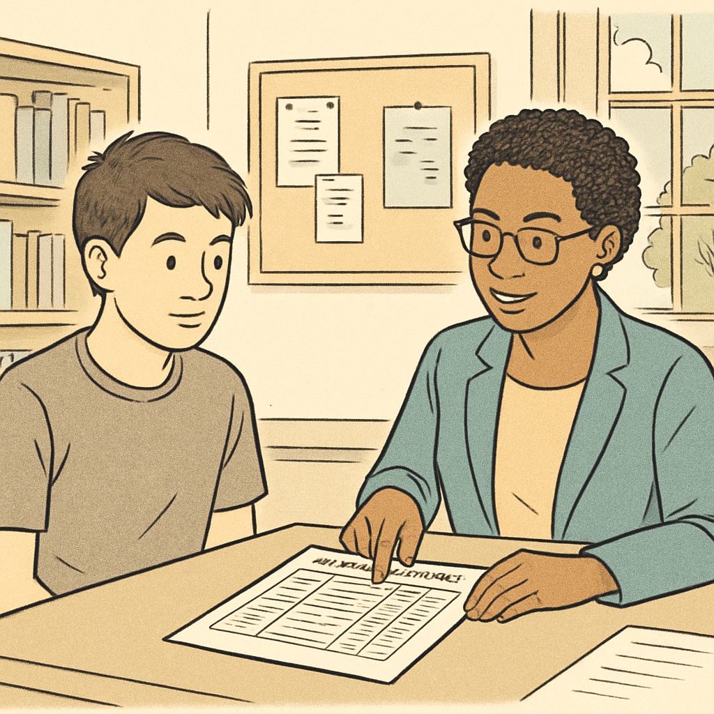 A student reviewing their academic transcript with a counselor in a school office. A student discussing credit recovery options with a counselor.