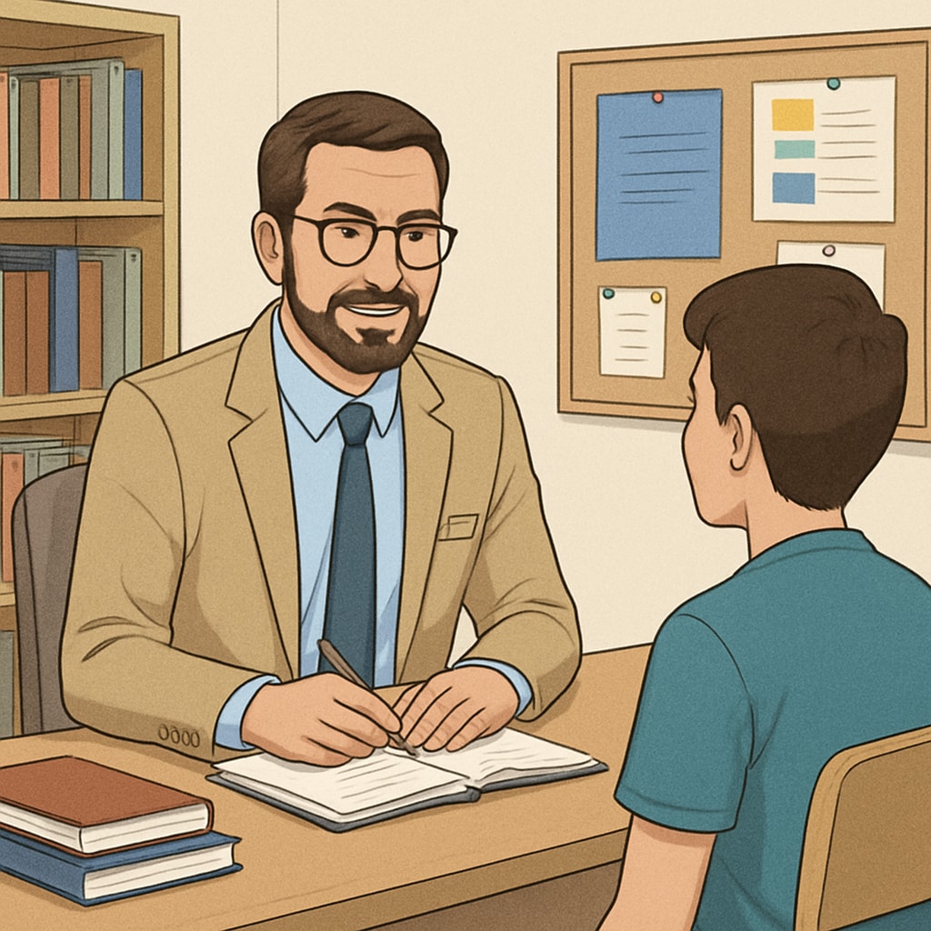 A professional school counselor guiding a student in an educational setting, emphasizing the counselor’s role in academic and emotional support. School counselor guiding a student in K12 education.