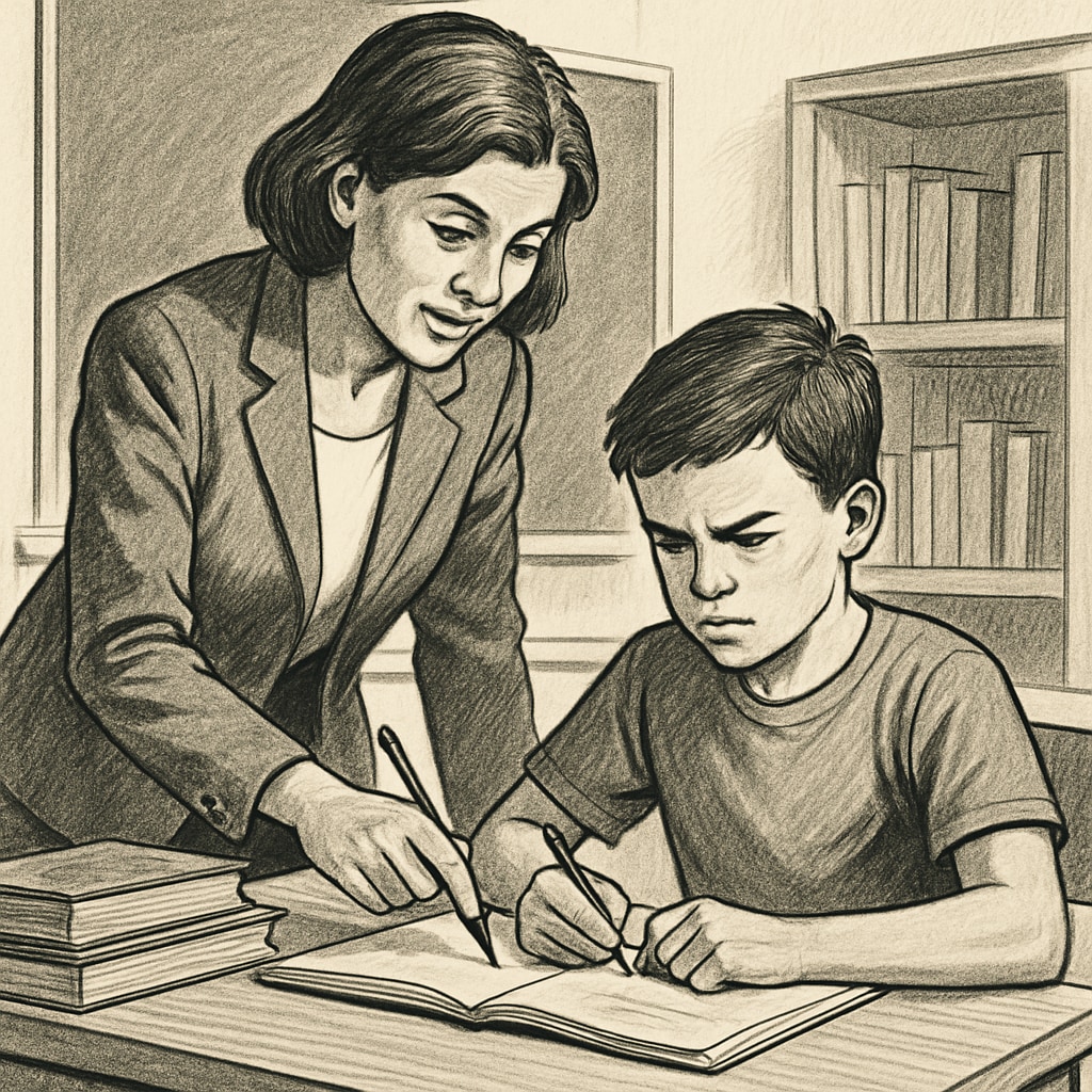 A teacher pushing a student to excel through rigorous practice in a classroom setting, illustrating the tension between extreme methods and support. A teacher in a classroom encouraging a student through tough instruction, reflecting extreme education methods.