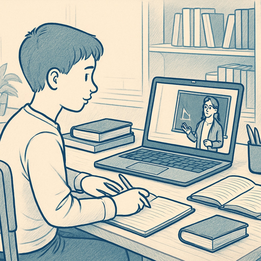 A student attending an online class on a laptop in a quiet study environment. A student focusing on an online course for high school credit recovery.