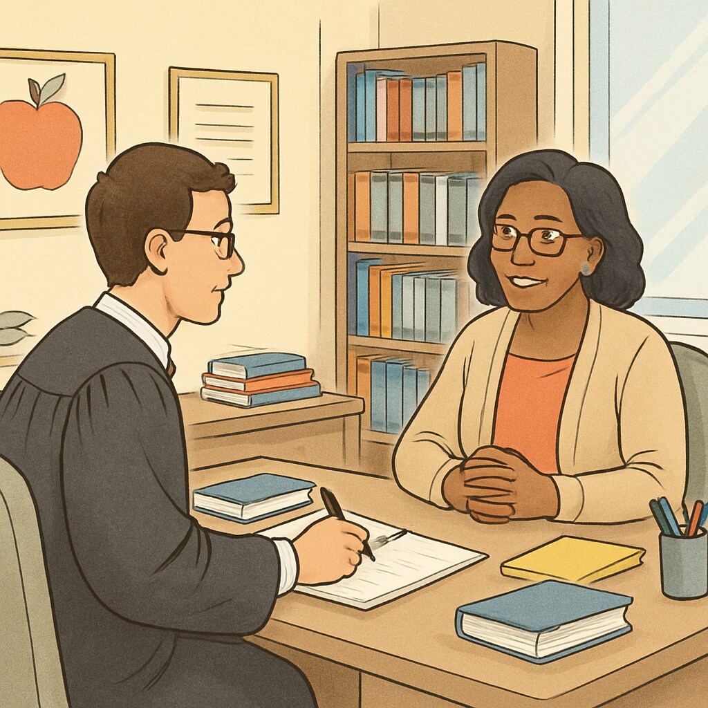A graduate student conducting an academic interview with a school counselor to understand their daily roles and challenges. Graduate student interviewing a school counselor.