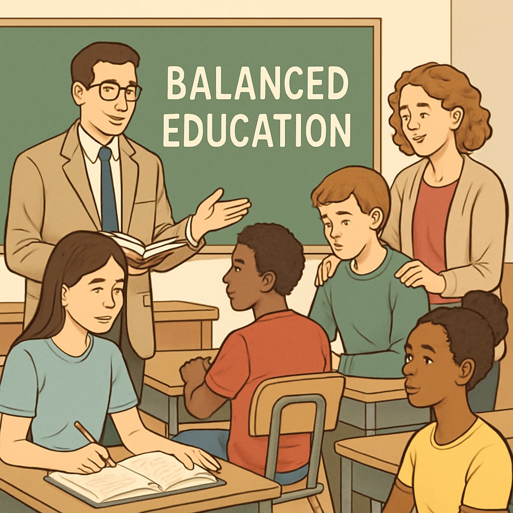 A group of students in a school receiving both academic instruction and emotional support, highlighting the importance of balance in education. Students engaged in learning with visible emotional and academic support, symbolizing balanced education.