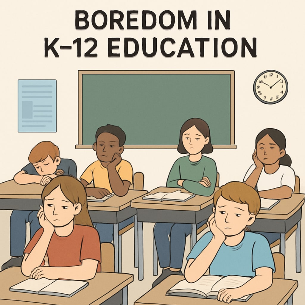 A classroom with students appearing disengaged, portraying the issue of boredom in K12 education. Students in a classroom looking disengaged, highlighting global student boredom.