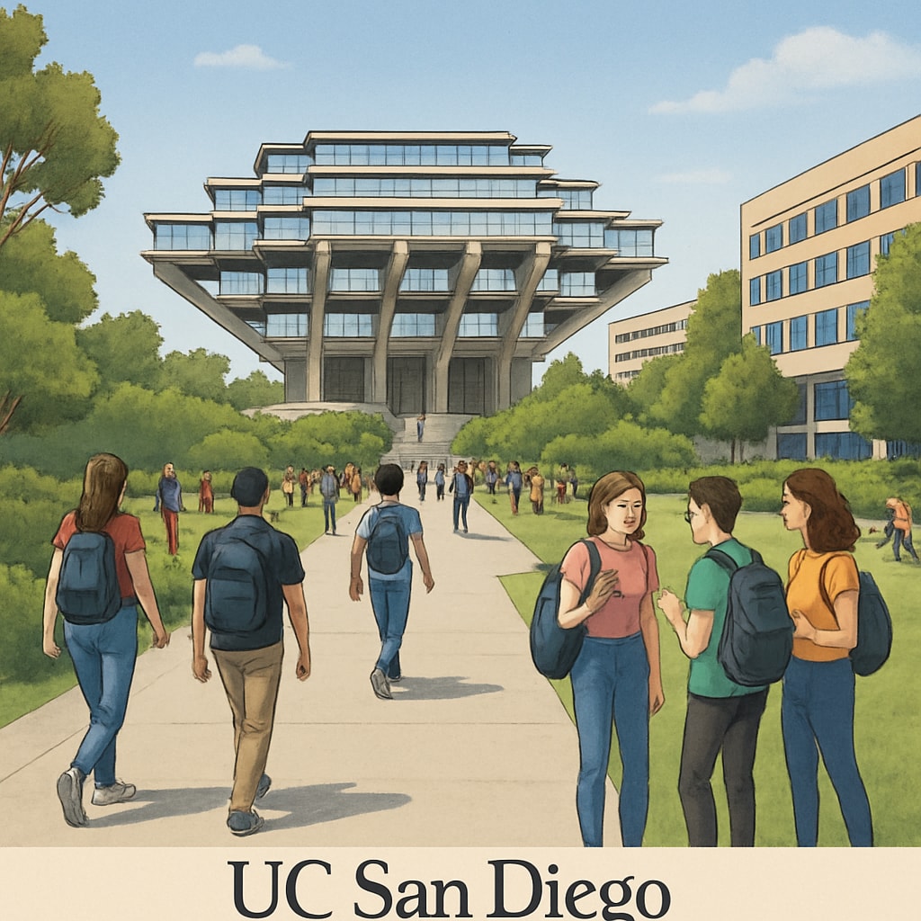 A wide-angle view of UC San Diego's campus with students walking across the quad, symbolizing the university's growth and vibrant academic community. UC San Diego campus expansion image with students walking across the quad