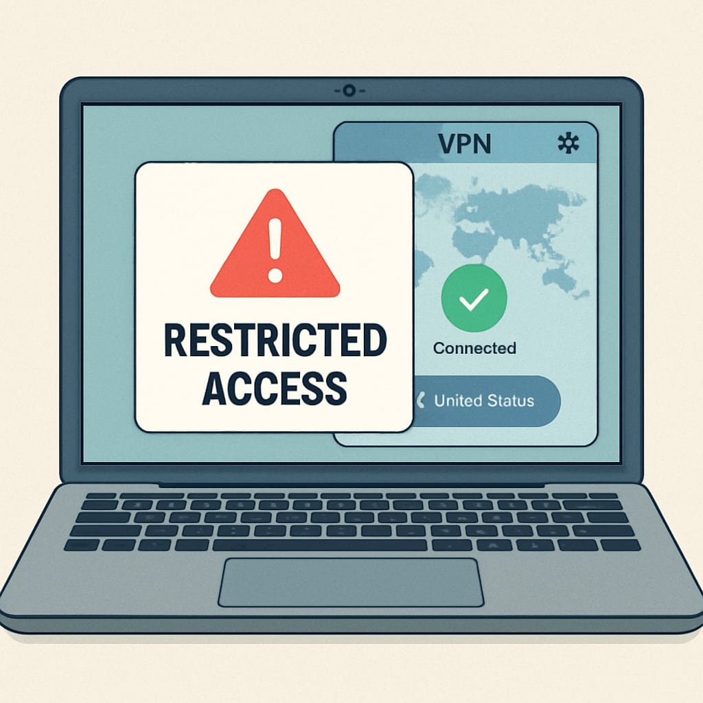 A laptop screen showing a Restricted access warning with VPN application on a laptop screen.