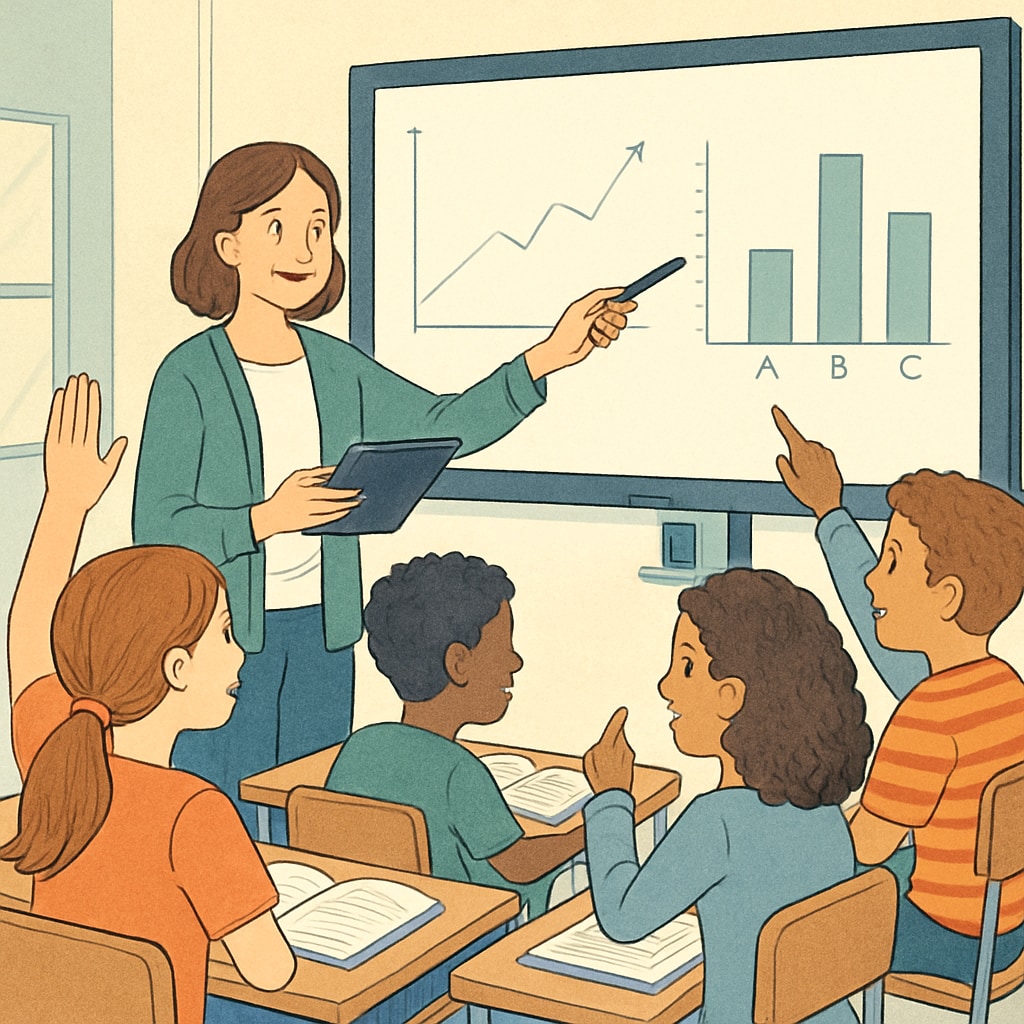 A teacher using interactive technology to engage students in a modern classroom setting. Teacher using technology to reduce student boredom in classrooms.