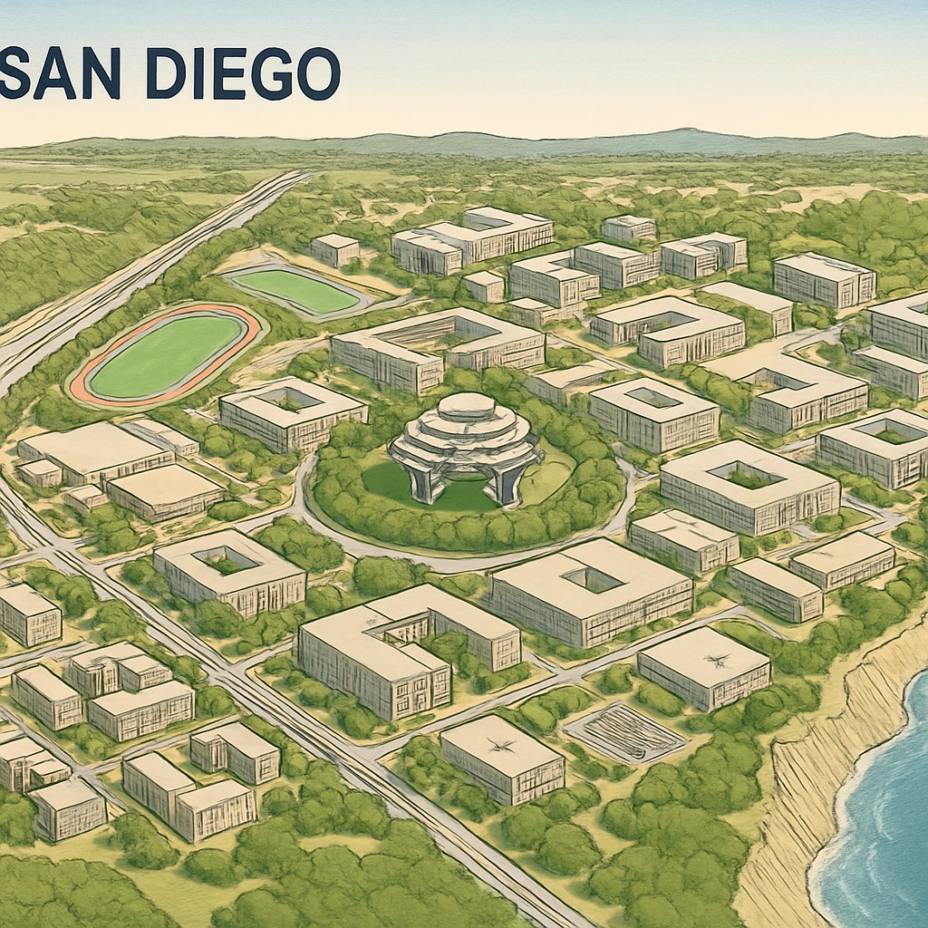 A vibrant aerial view of UC San Diego's campus showcasing its modern infrastructure and expansive layout. UC San Diego campus view illustrating educational infrastructure and expansion.