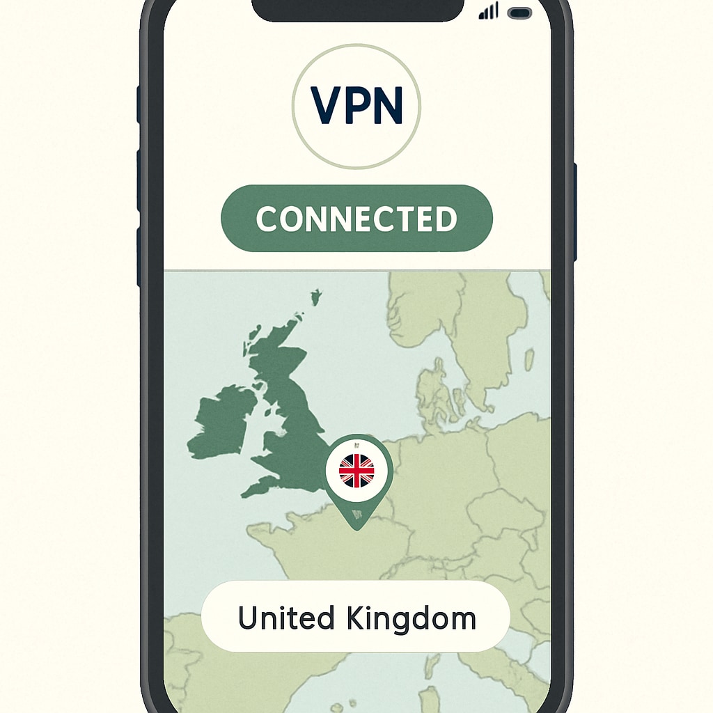 A mobile phone showing a VPN app connected to a server in another country, with a map highlighting the UK. VPN app on a mobile phone connected to a server outside the UK.
