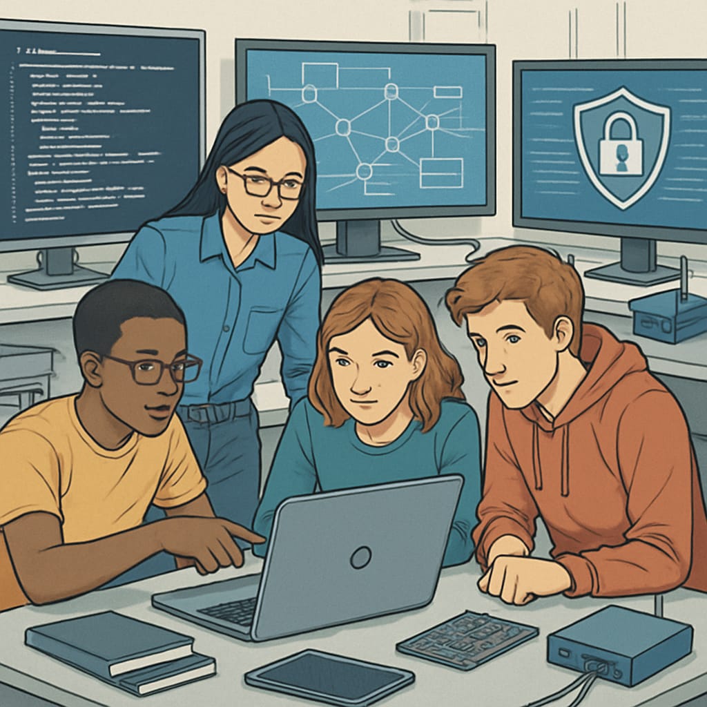 A group of students working on cybersecurity challenges in a lab setting, showcasing teamwork and problem-solving skills. Students collaborating on cybersecurity challenges; emphasizes experience over university prestige.