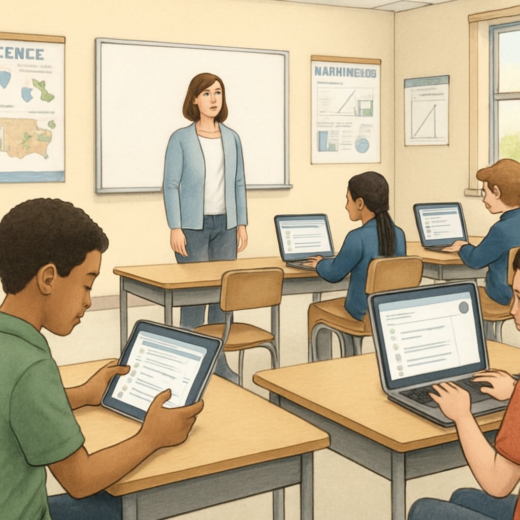 A classroom setting where students are using digital testing tools, highlighting the role of adaptive technology in education. Students using adaptive digital test tools in a classroom to enhance learning.