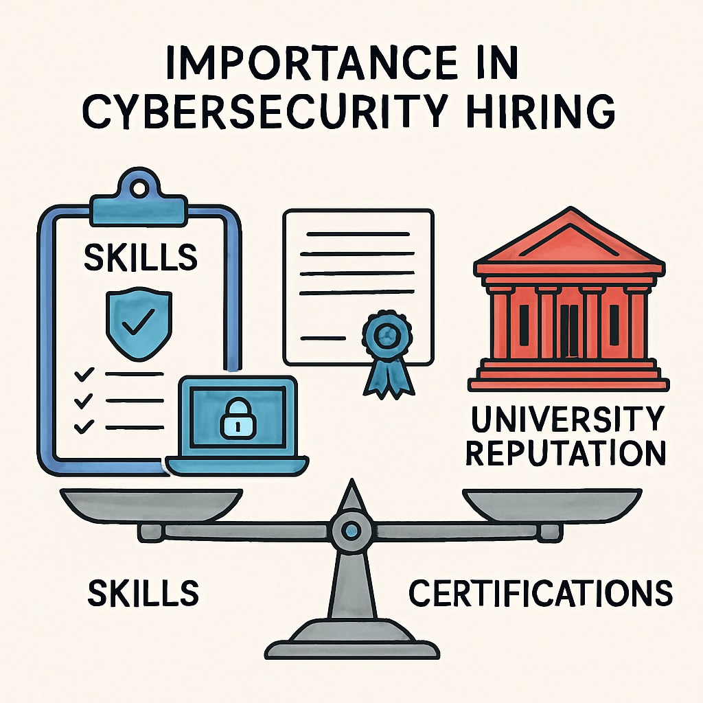 A diagram comparing the importance of skills, certifications, and university reputation in cybersecurity hiring. Diagram comparing skills and certifications versus university reputation in cybersecurity jobs.