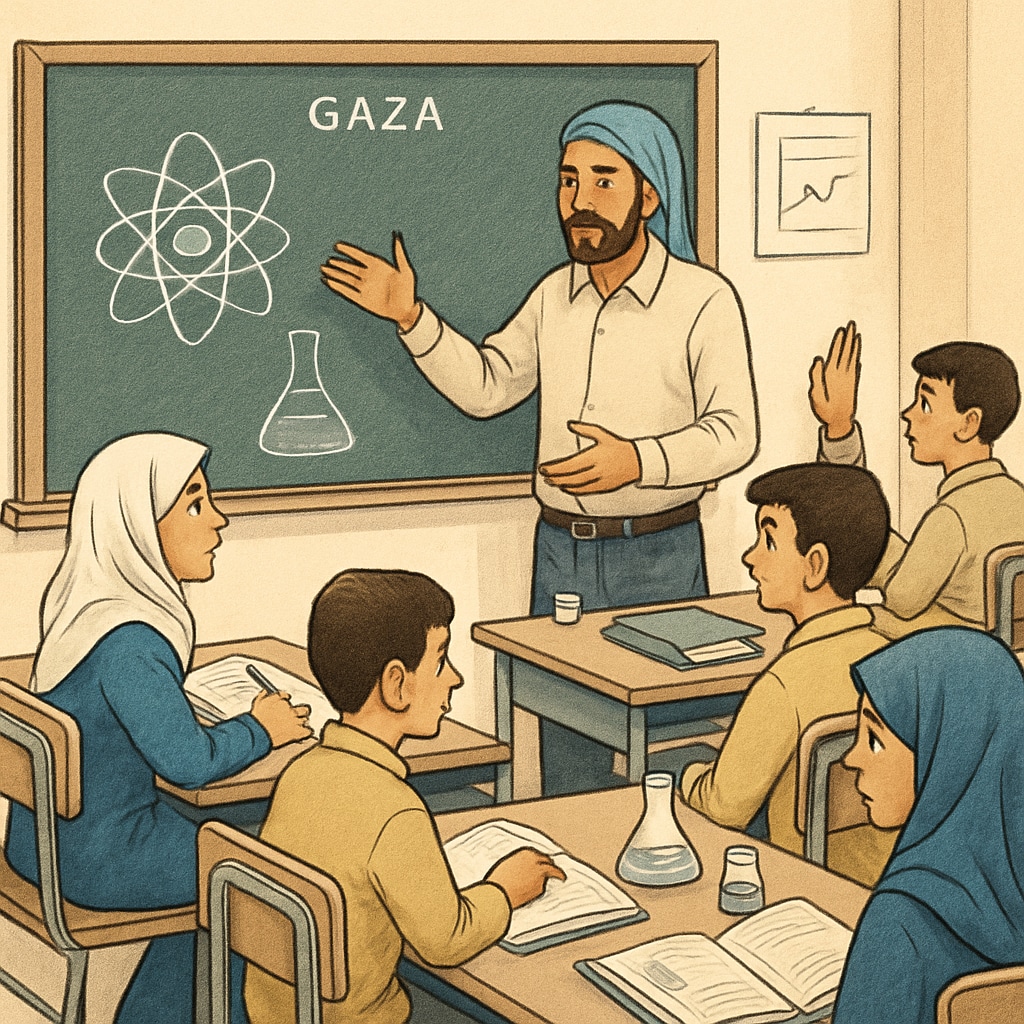 A classroom in Gaza with students learning science concepts; a teacher engaging with the students actively. Gaza school classroom focused on science education and student engagement