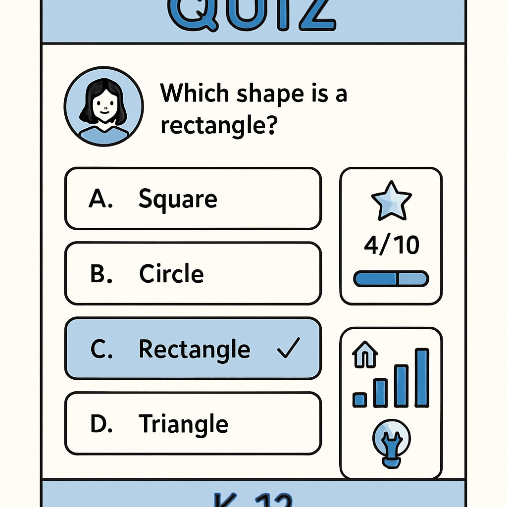 A visually engaging educational quiz platform designed for K12 students. Includes features such as interactive questions and progress tracking. A colorful educational quiz interface meant for K12 students.