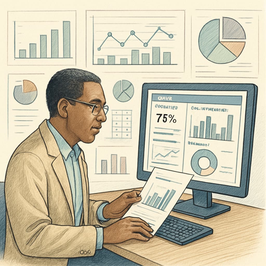 An educator reviewing digital analytics from a test platform, showcasing how data-driven insights inform teaching strategies. Teacher analyzing test data to improve teaching strategies using digital tools.