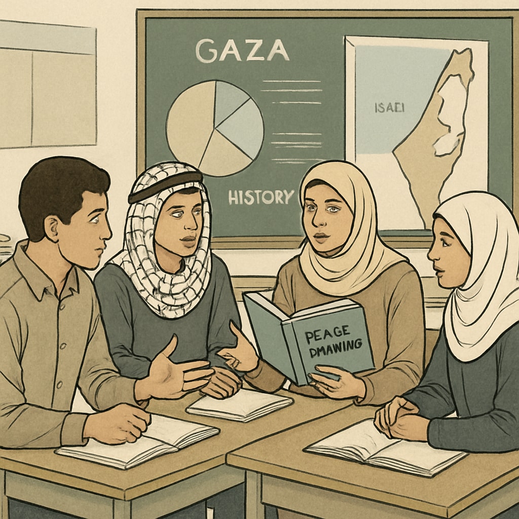 Students in Gaza participating in a group discussion about history and peacebuilding, supported by visual aids. Gaza students discussing social studies topics related to peacebuilding