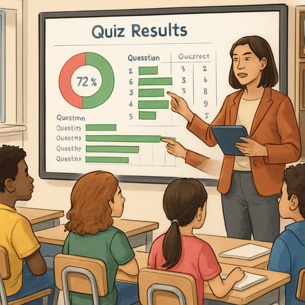 A teacher reviewing digital quiz analytics with a group of diverse students in a classroom setting. A teacher and students discussing quiz results on a digital platform.