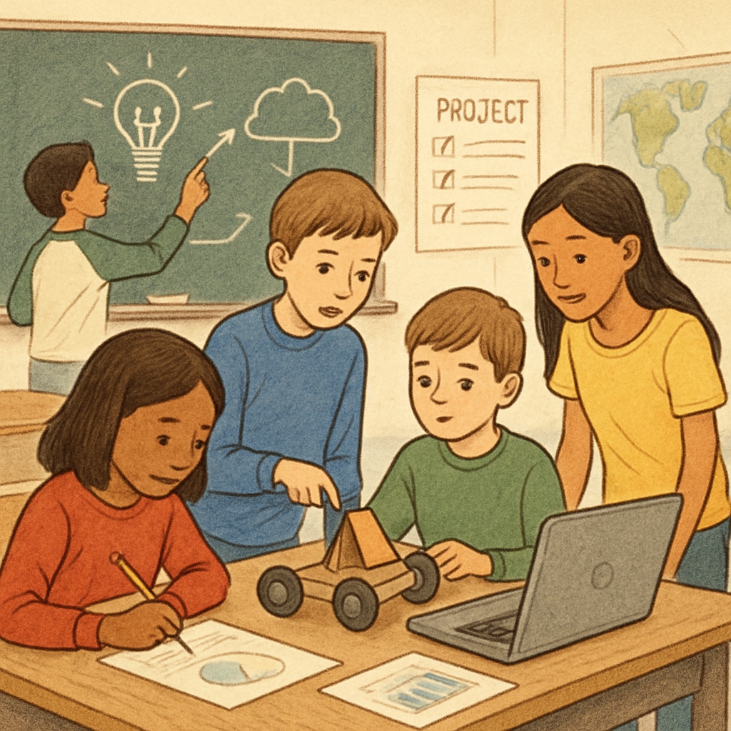 A classroom setting with students engaged in collaborative, project-based learning, highlighting alternatives to traditional grading. Students in a classroom working on project-based learning, representing alternative assessment methods.