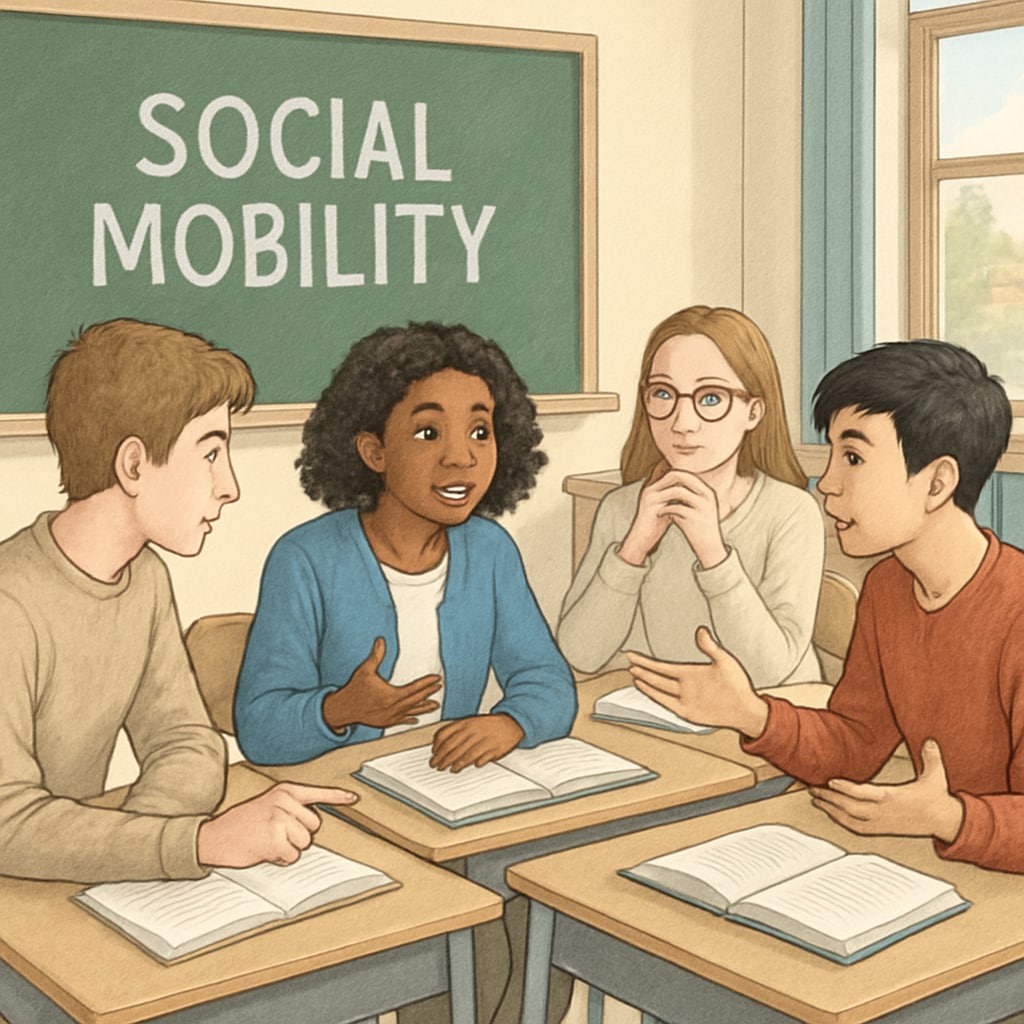 A classroom setting where students discuss social mobility, emphasizing critical thinking. Students discussing social mobility in a classroom setting during a social studies lesson.