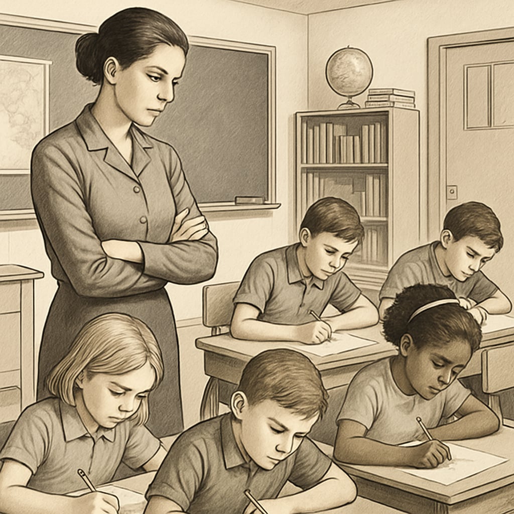 A classroom with a teacher closely monitoring students as they work on a challenging task, symbolizing strict discipline in education. A classroom scene depicting strict discipline in education methods.