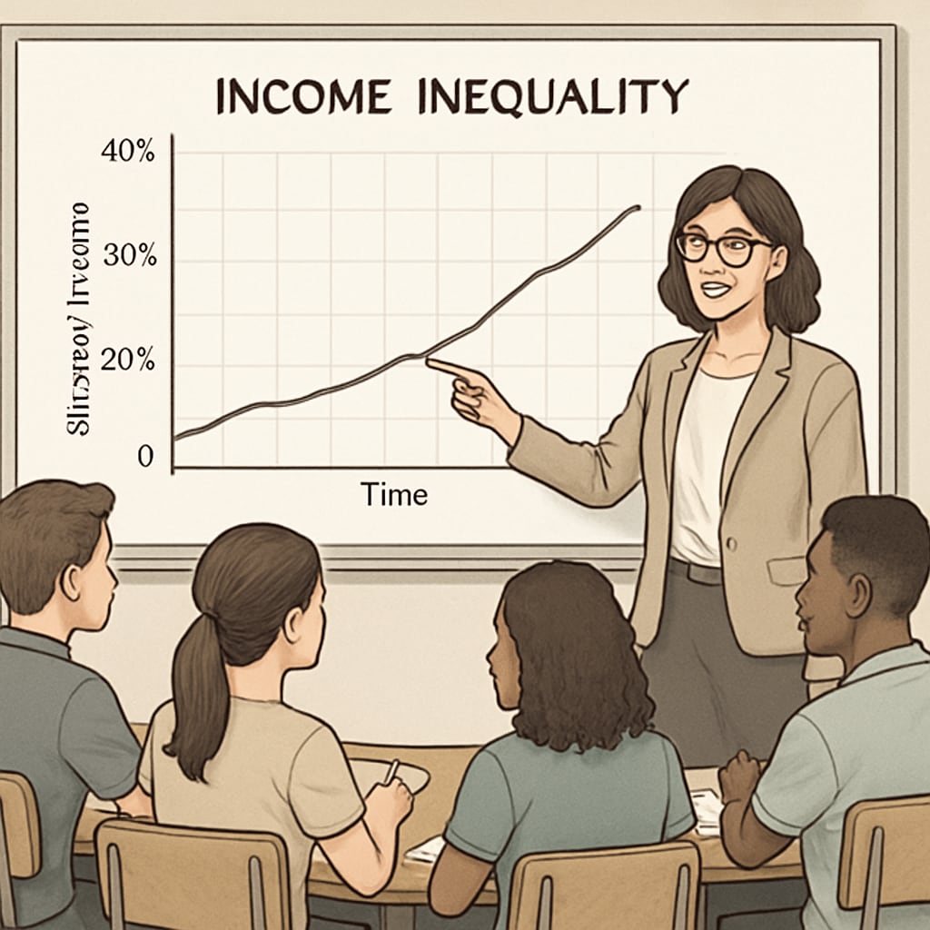 A teacher guiding students through a graph showing income inequality trends. A teacher explaining income inequality trends using a graph in a social studies class.