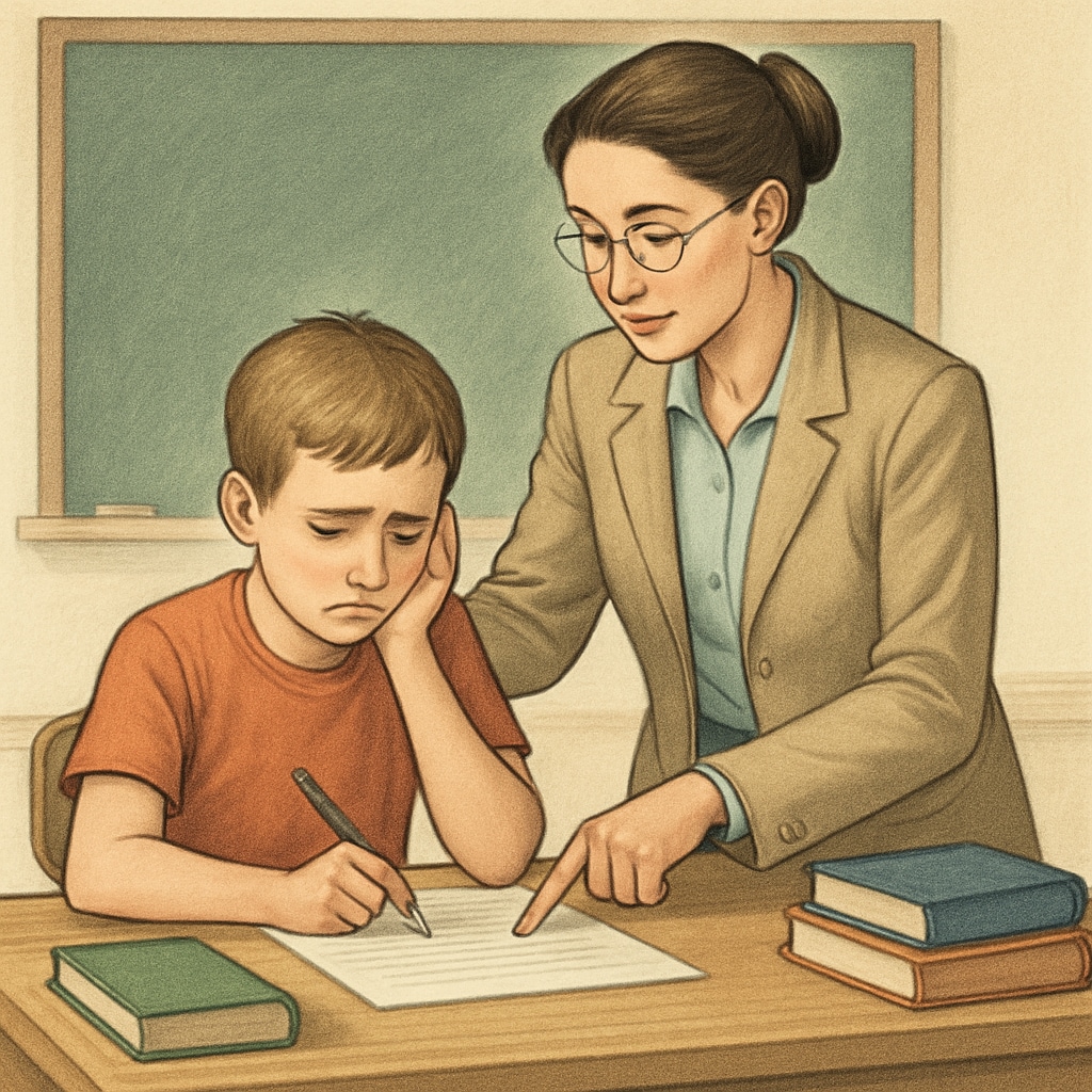 A teacher offering encouragement to a student struggling with a task, representing the balance between support and discipline. A teacher showing care and support, balancing discipline in education.