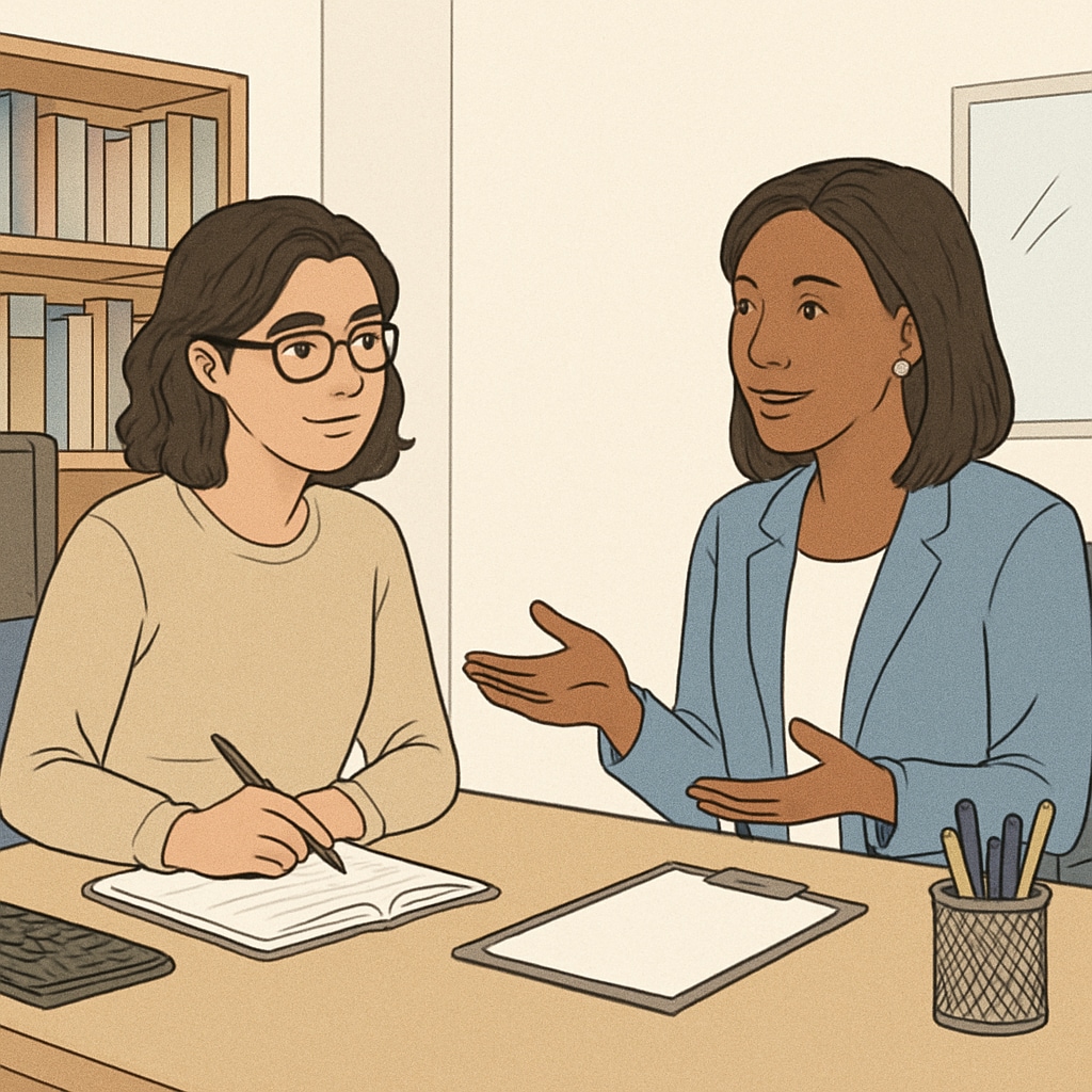 Graduate student conducting an academic interview with a K-12 school counselor.