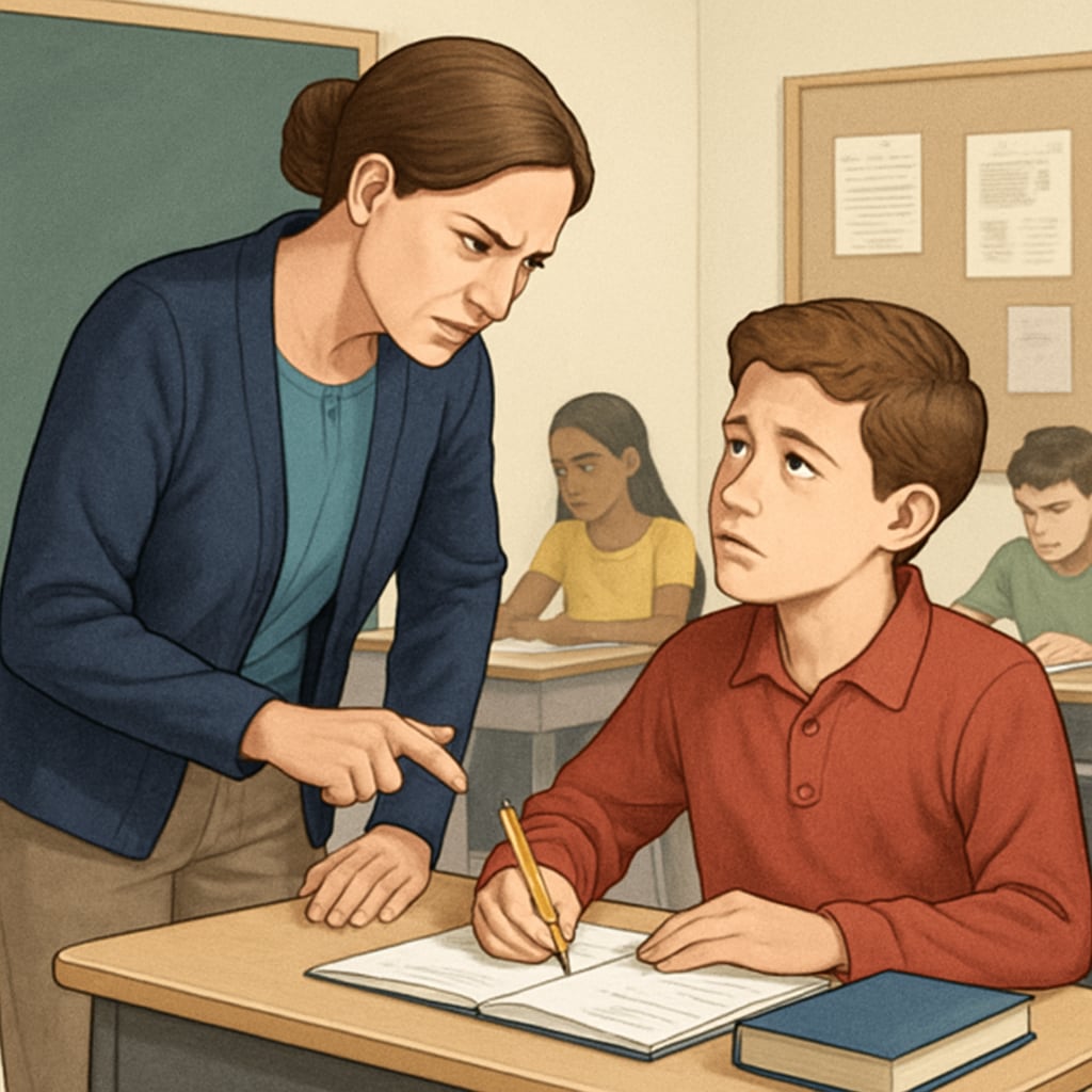 A classroom setting showcasing a teacher offering constructive feedback to a student, balancing strictness with care. Balanced teaching methods in a classroom setting