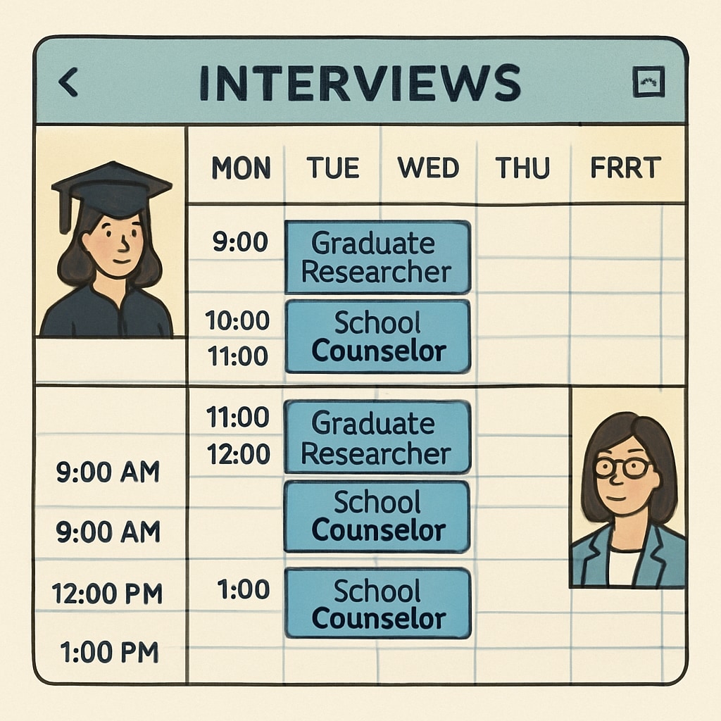 Scheduled interviews between graduate students and K-12 school counselors.
