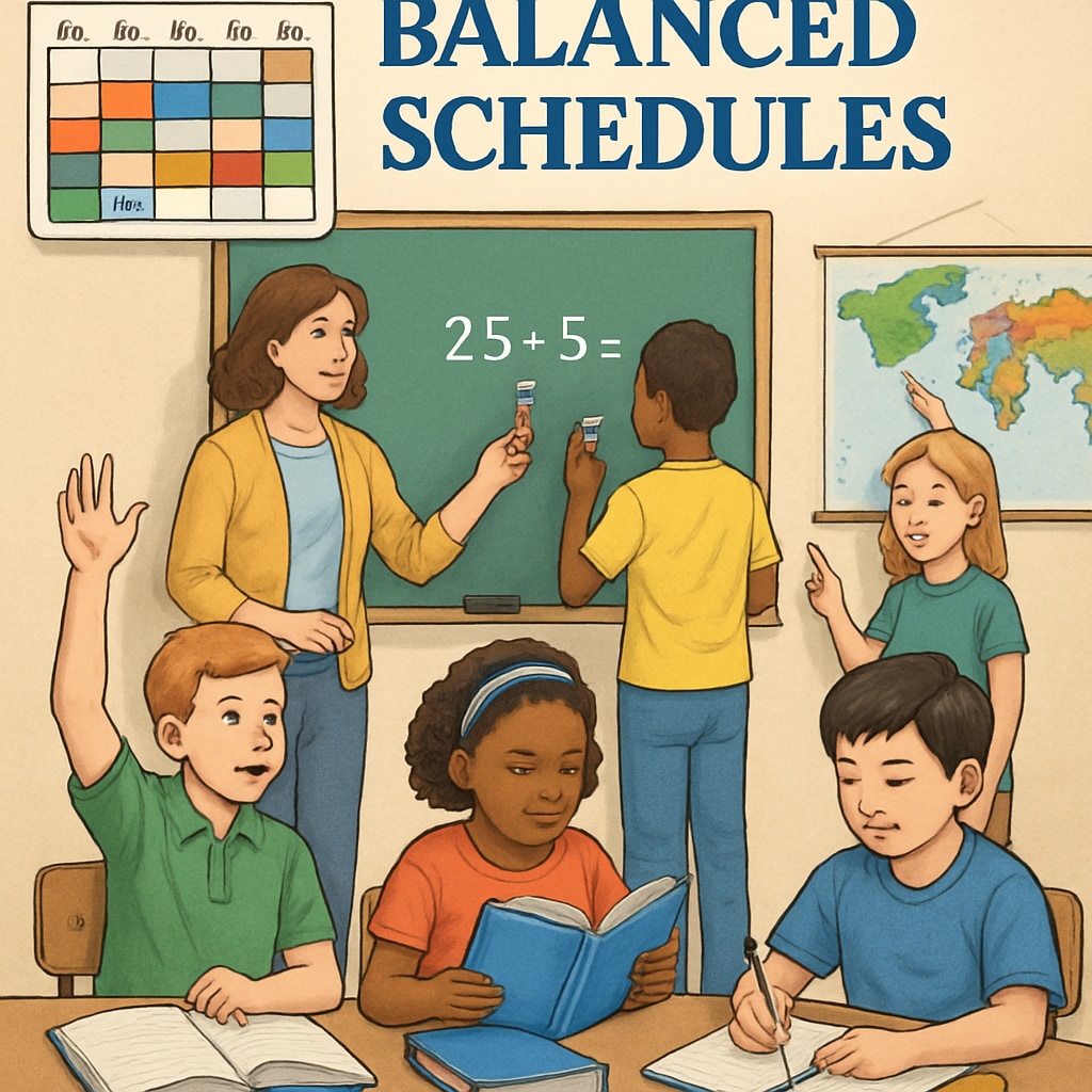 A classroom with students engaged in learning activities, showcasing the concept of balanced schedules within a year-round school system. Students learning in a year-round school environment to combat summer learning loss.
