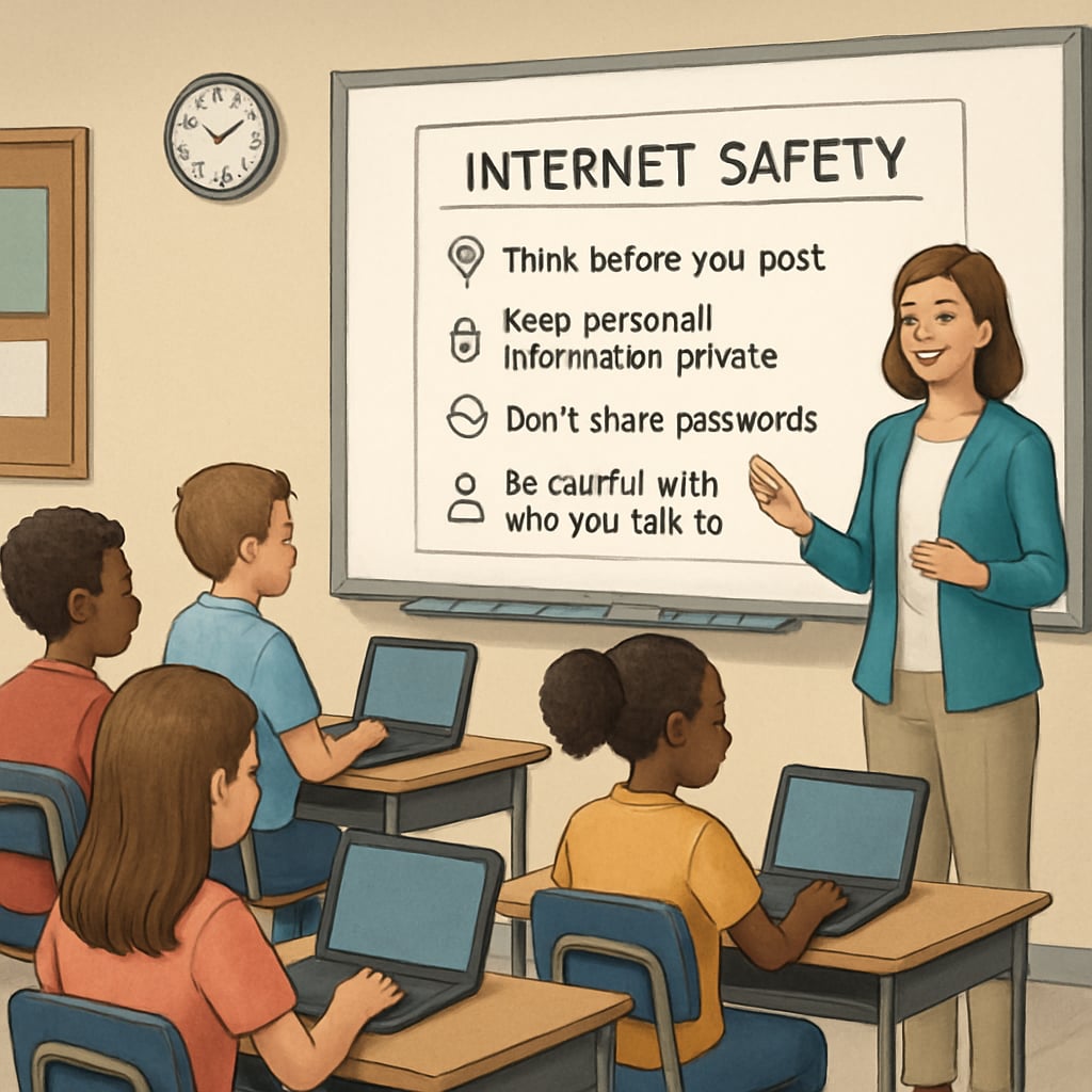 A school classroom where students are learning about internet safety on their laptops. Students learning about age verification, VPNs, and UK regulations in a classroom.