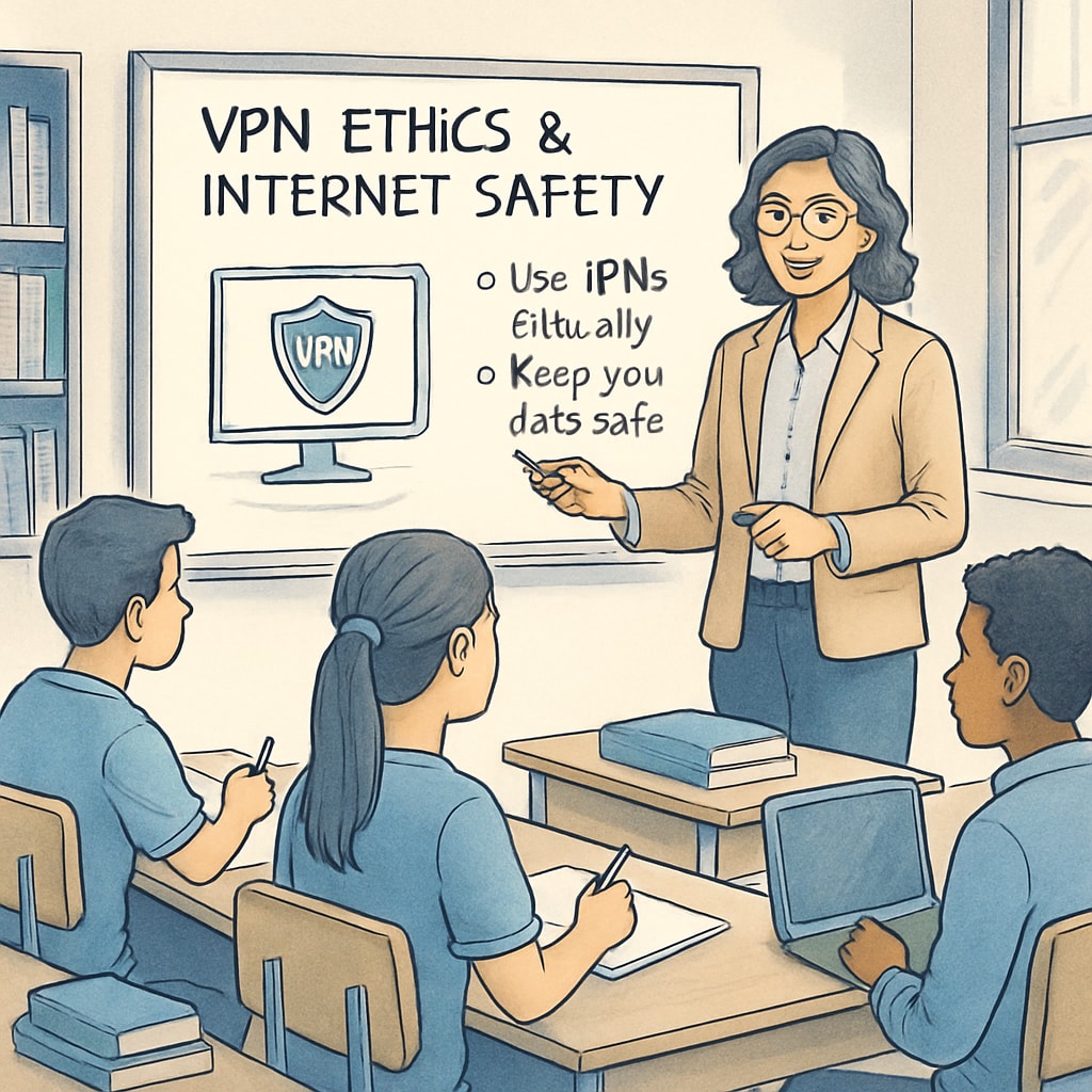 A teacher guiding students on the ethical use of VPNs and internet safety during a classroom session. Teacher discussing the ethical use of VPNs with students in relation to age verification and UK regulations.