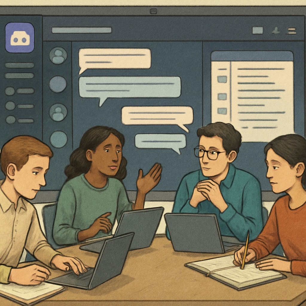 Students collaborating in a virtual study group using Discord, emphasizing teamwork and real-time communication. Nursing students using Discord for collaboration in a virtual study group.