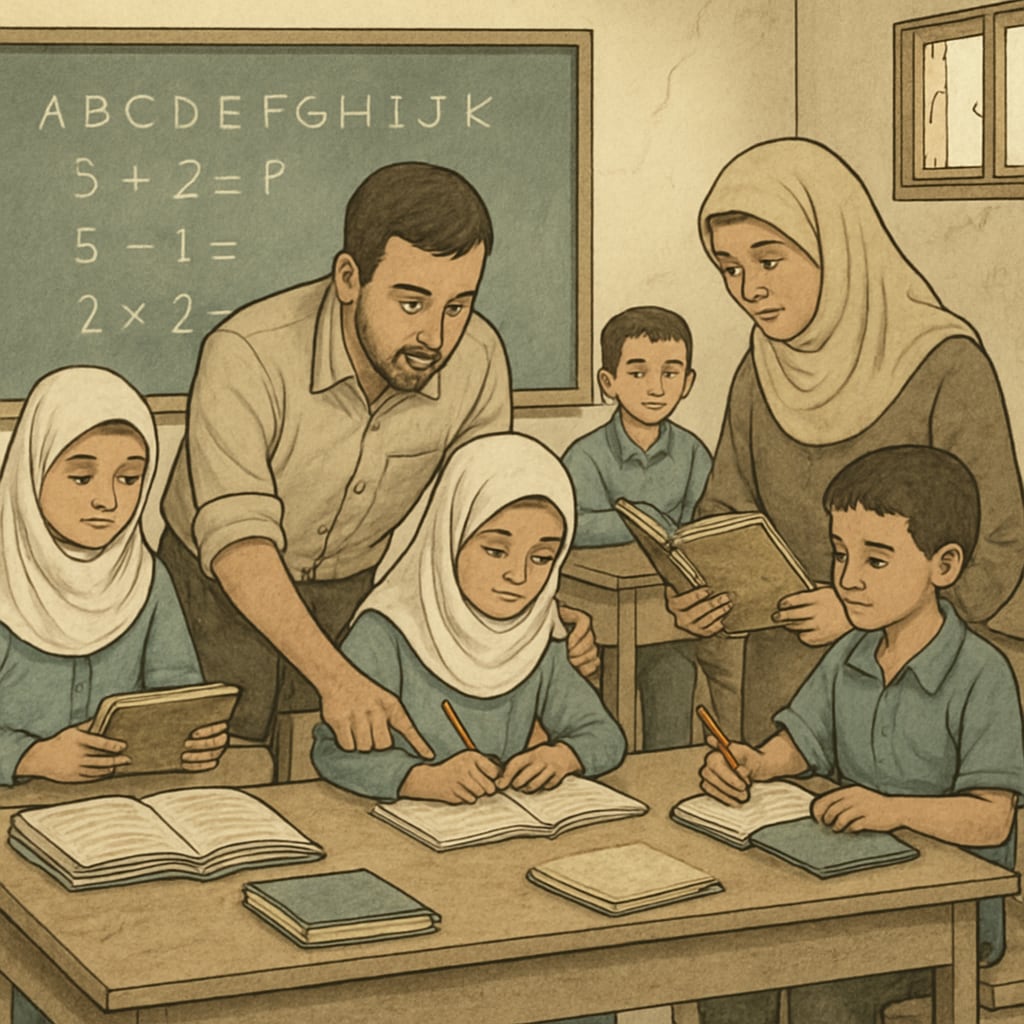 Classroom in Gaza depicting students and teachers with limited resources for science and social studies curricula.