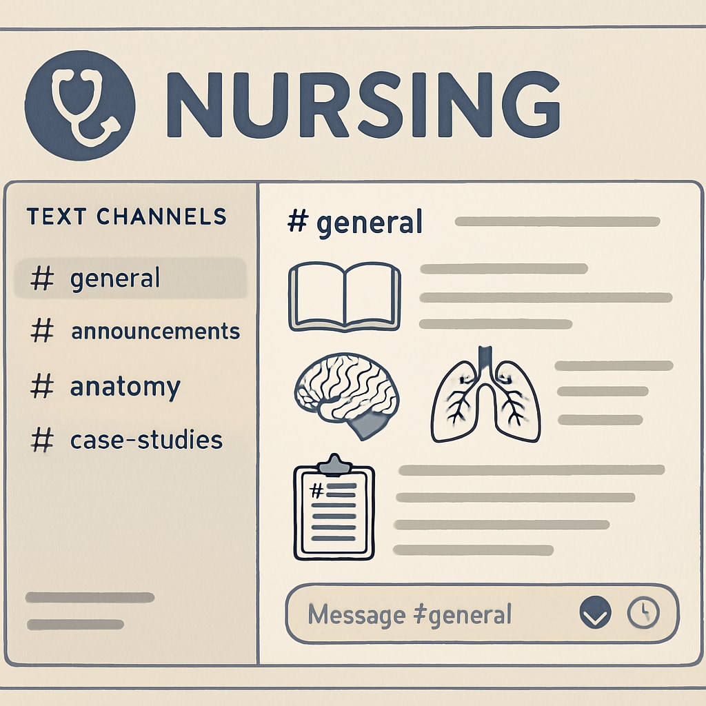 Screenshot of a nursing-focused Discord server, showcasing organized channels for study topics like anatomy and case studies. Organized Discord server for nursing students with study topic channels.